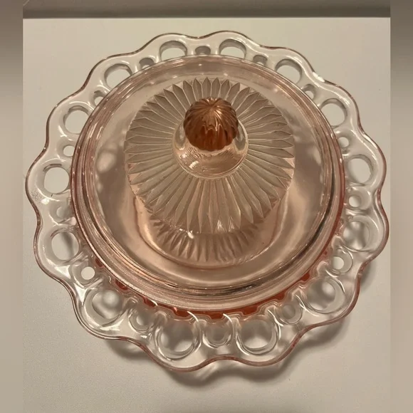 Vintage Pink Glass Dish Depression Glass Ribbed Lid w/Lace